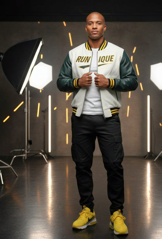 RUNIQUE Heritage Varsity Jacket | White & Green