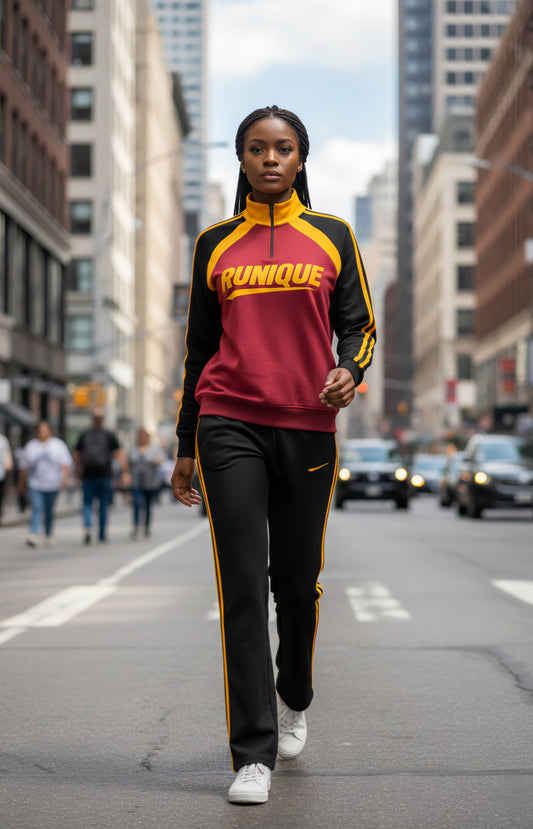 RUNIQUE Signature Tracksuit – Crimson & Gold Edition