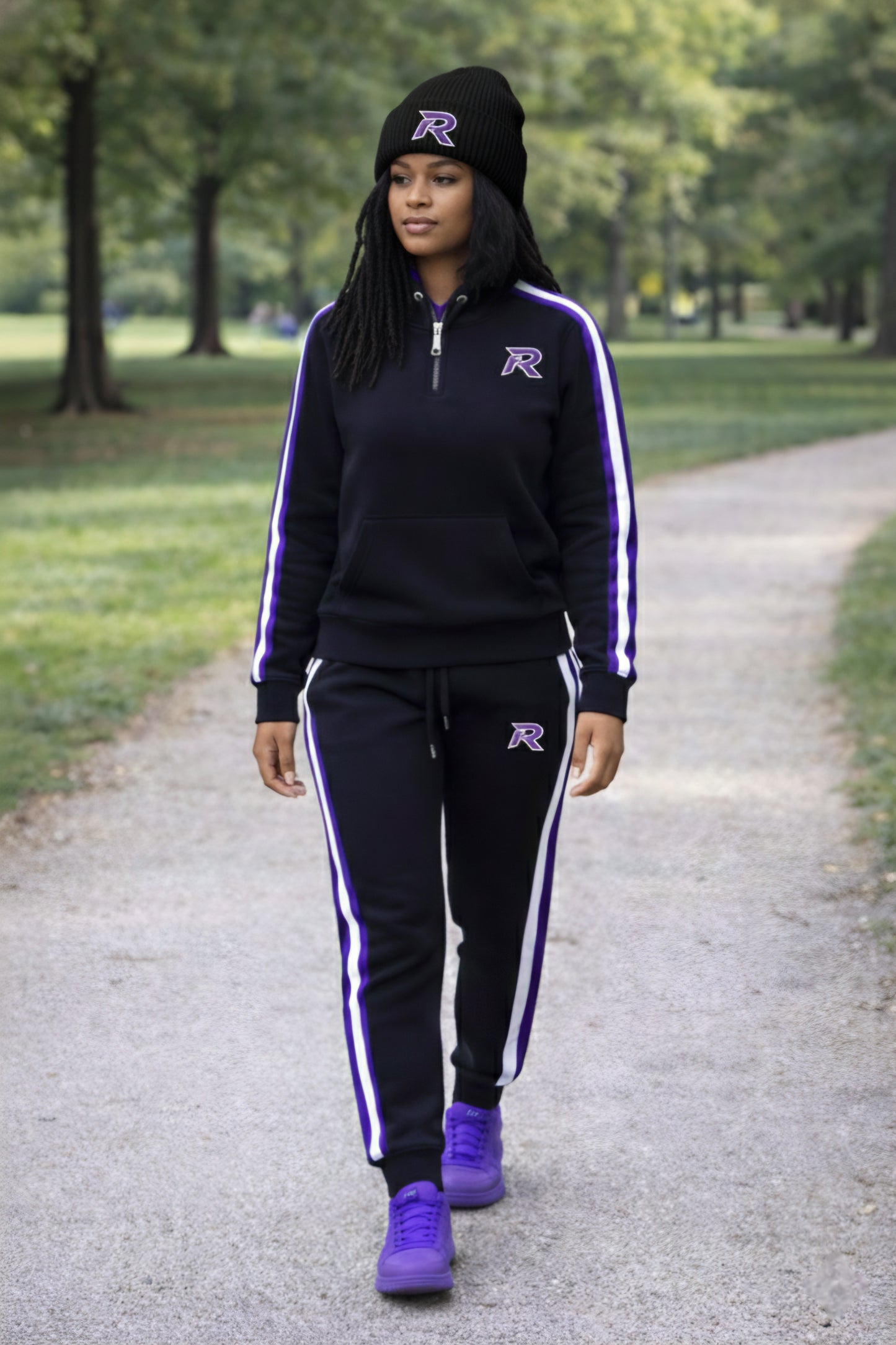 RUNIQUE Signature Tracksuit – Black & Royal Purple Edition