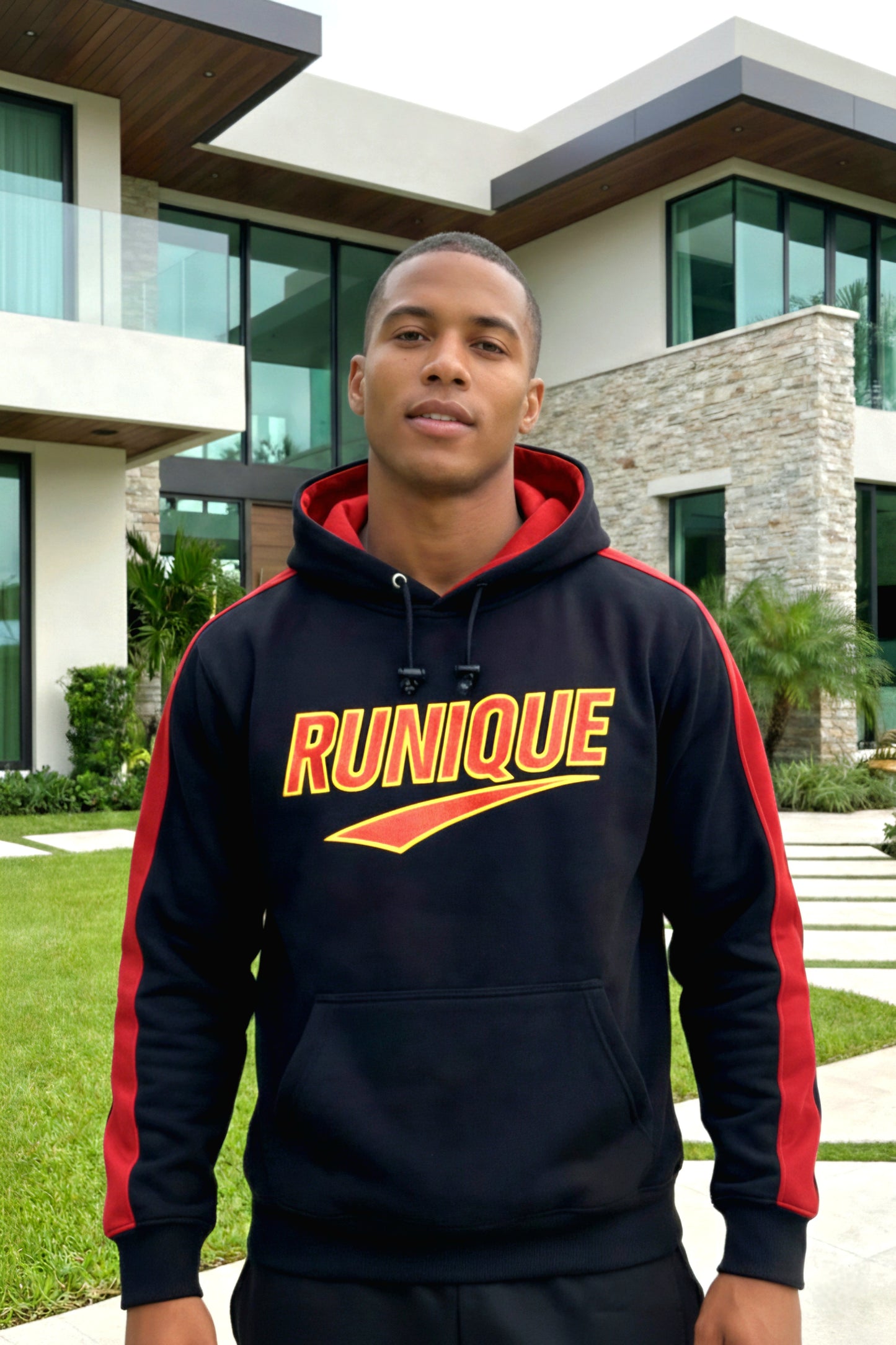 RUNIQUE Signature Hoodie – Navy Blue & Red Edition (450 GSM Premium Cotton)