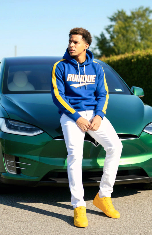 RUNIQUE Signature Hoodie – Royal Blue & Yellow Edition (450 GSM Premium Cotton)