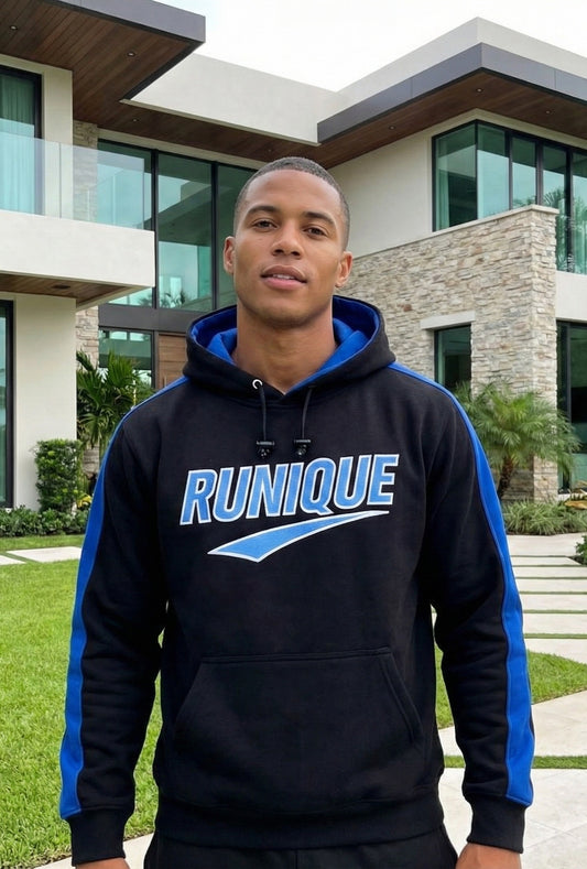 RUNIQUE Signature Hoodie – Black & Royal Blue Edition (450 GSM Premium Cotton)